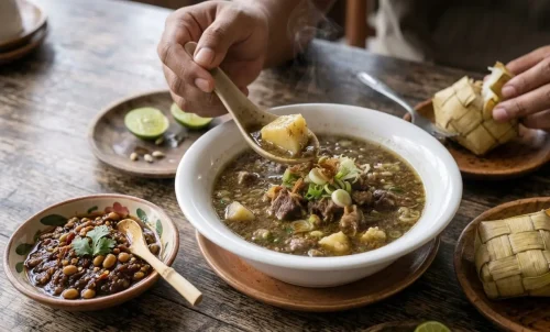Ketupat menjadi pendamping makan Coto Makassar