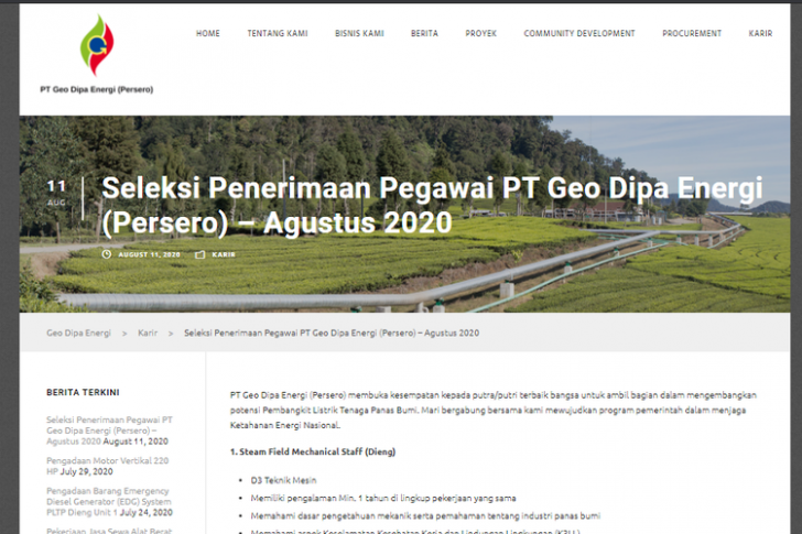 Ada Posisi Strategis yang Lowong di PT Geo Dipa Energi BUMN, Lulusan D3