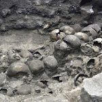 Sejumlah tengkoran manusia yang merupakan bagian dari menara Aztec terlihat di situs arkeologi Templo Mayor, di Mexico City, Meksiko, 22 September 2020. Huey Tzompantli diperkirakan terbuat dari sekitar 60.000 hingga 100.000 tengkorak manusia. [Institut Nasional Antropologi dan Sejarah (INAH) via REUTERS]