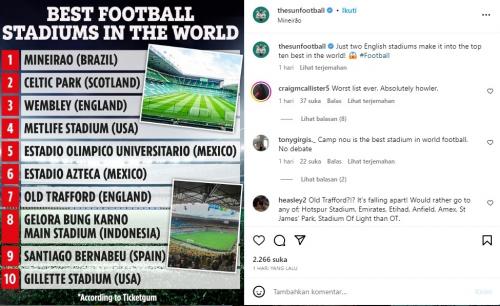 Media Inggris Rilis 10 Stadion Terbaik di Dunia, Ada Stadion Utama Gelora Bung Karno!