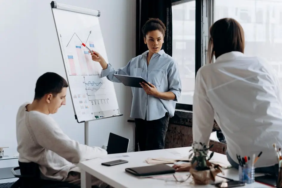 Ilustrasi fractional executive sedang menjelaskan data project saat meeting.